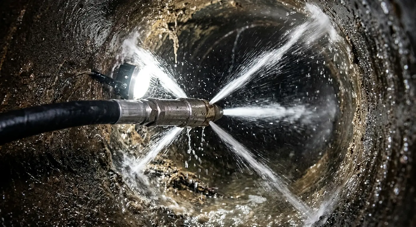 High-pressure hydro jetting nozzle cleaning sewer pipe for Trenchless Sewer Repair in La Verne