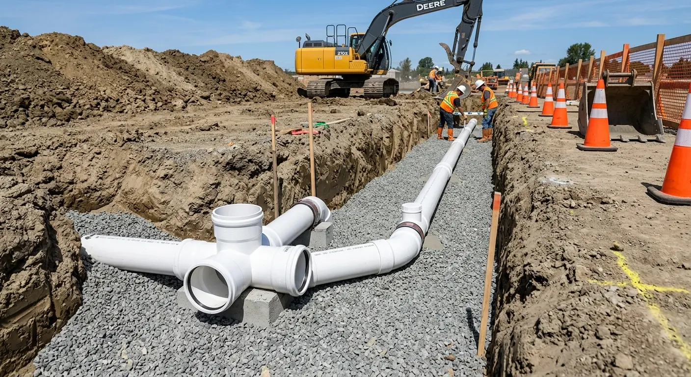 New PVC sewer pipe installation in open trench for Commercial Drain Cleaning in La Verne