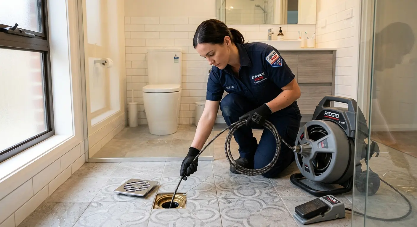Technician clearing a bathroom floor drain for Clogged Drain Repair in La Verne
